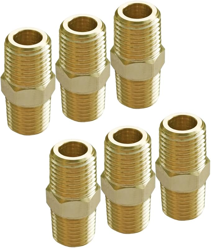 HQMPC Solid Brass Pipe Fitting Male Pipe, Hex Nipple Gas Connect Adapter Brass Union Coupler Adapter 3/8"NPT 6Pcs