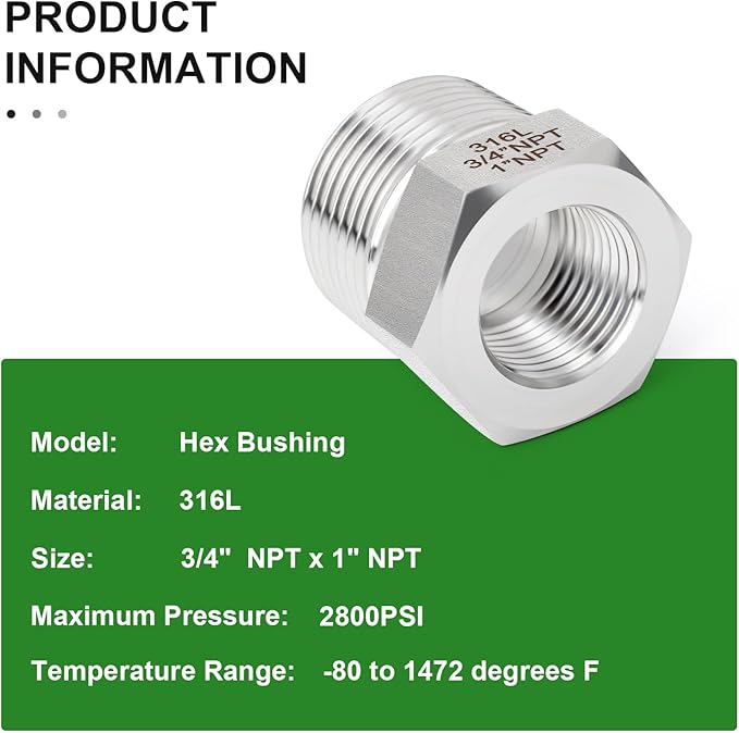TAISHER 2PCS Forging of 316L Stainless Steel Reducer Hex Bushing, 1" Male NPT to 3/4" Female NPT, Reducing Forging Pipe Adapter Fitting