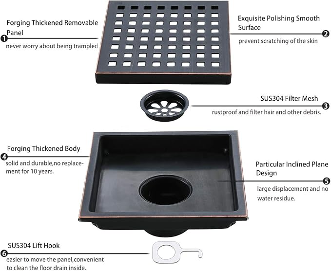 Oil Rubbed Bronze Shower Drain Square Shower Drain 6 inch SUS304 Stainless Steel Shower Floor Drain with Tile Insert Grate Removable