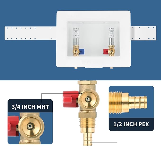Premium Washing Machine Outlet Box, with Stainless Steel Water Hammer Arrestor, 1/2-Inch Pex Crimp x 3/4-Inch MHT Connection, Laundry Washer Valve Outlet Box with Clear Text Instructions