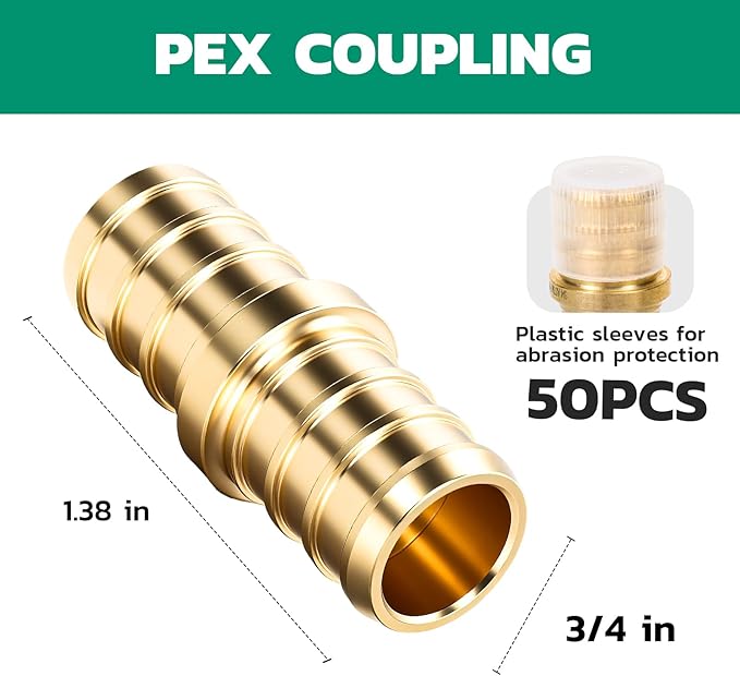 PEX Fittings 1/2 Inch, 50PCS Coupling Lead-Free Brass Connectors for PEX B Pipe, NSF UPC Certified, ASTM F1807, Compatible with Crimp/Clamp Rings (Hot/Cold Water, Hydronic Heating)