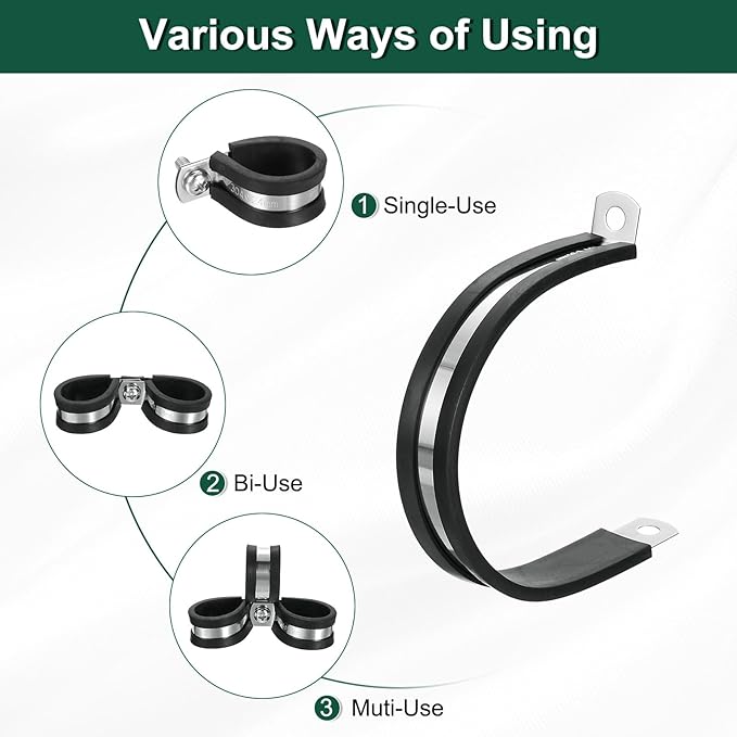 uxcell 2-3/8"(60mm) Cable Clamp, 304 Stainless Steel Rubber Cushioned Insulated Clamp R Shape Metal Clamp Tube Holder for Pipe Hose Wire Cord Installation 14Pcs