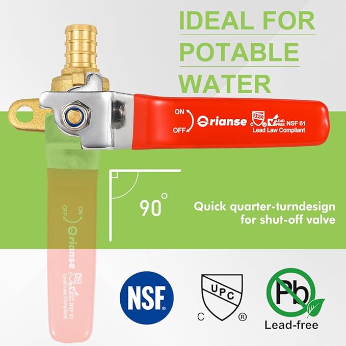 10 Pack ORIANSE 1/2 Inch Heavy Duty Pex Ball Valve with Drop Ear Brass Barb Crimp 1/4- Turn Full Port Shut Off For PEX-b Connection Hot and Cold Water,Cetified by NSF/ANSI 61, ASTM F1807