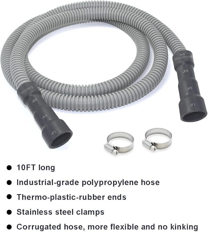 Universal Dishwasher Drain Hose - 10 Ft Discharge Hose - Corrugated and Flexible Dishwasher Hose Drain Replacement with Clamp
