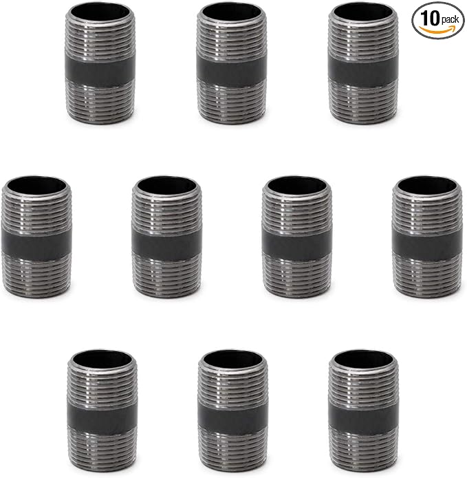 10 Pack 1"x2" Industrial Iron Pipe - Heavy Duty Pre-Cut Steel, Threaded Metal Nipple for Vintage Style DIY Project/Furniture/Shelving Decoration (Grey)