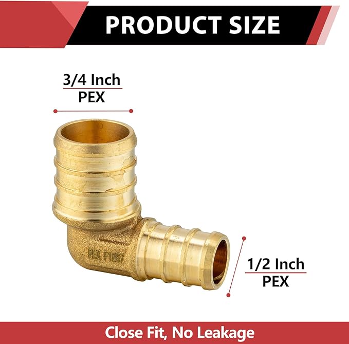 10-Pack EFIELD Pex Crimp 3/4" X 1/2" Reducing Elbow Brass Fitting, ASTM F1807,(PEX1807064)
