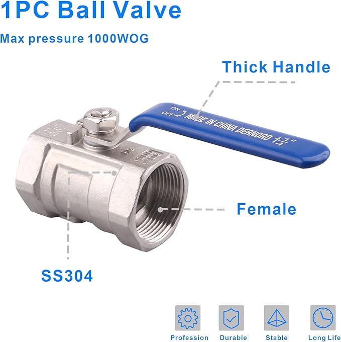 DERNORD Stainless Steel Ball Valve 1PC Type NPT Standard Port for Water, Oil, and Gas (1.25 Inch Ball Valve)
