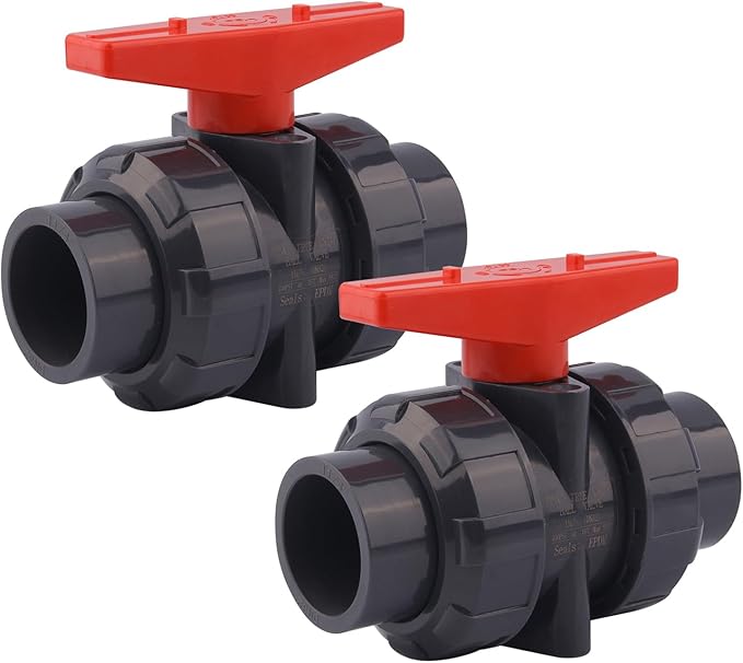 DERNORD 2 Pack PVC True Union Ball Valve with Full Port, EPDM O-Rings, and Reversible PTFE Seats,Rated at 200 PSI (1 1/4 inch Socket)