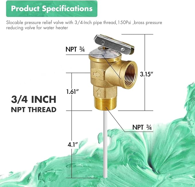 VAV Temperature Pressure Relief Valve, 3/4" NPT Female Thread, 150 PSI, 4" Temperature Probe, Lead-Free Copper, CSA LISTED