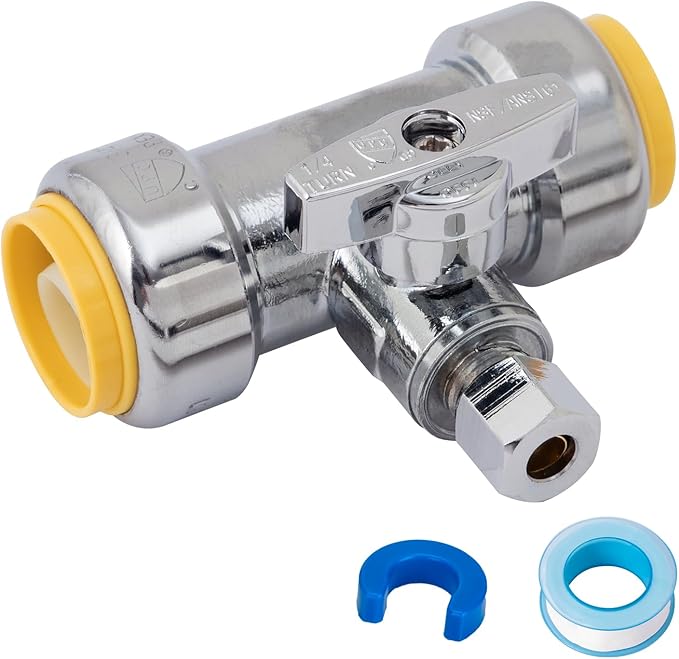 SUNGATOR 3/4 x 3/4 x 1/4 Inch Compression Tee Stop Valve, 1/4 Turn, No Lead Brass Push to Connect Plumbing Fitting for PEX Pipe, Copper, CPVC, with 1 Disconnect Clip and 1 Sealing Tape
