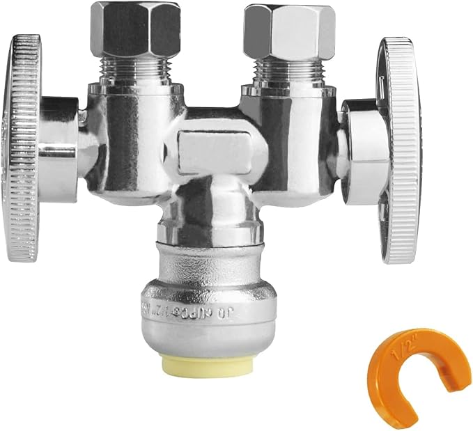 WiseWater 1/2" Push Fit x Dual 3/8" OD Compression Straight Stop Valve, 1/4 Turn Double Handles Shut Off Valve with Disconnect Clip, Chrome Plated Brass, Copper, PEX, CPVC, PE-RT Pipes (1 Pack)