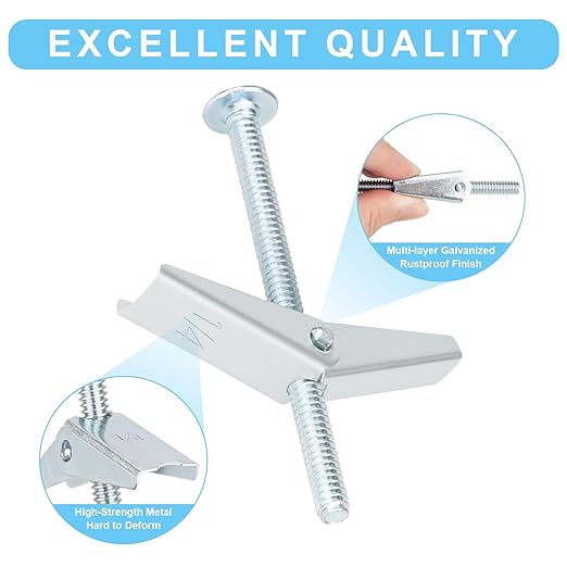 50 Pcs 1/8 Inch Toggle Bolts for Drywall, Heavy Duty Metal Drywall Anchors Kit, Dry Wall Anchors and Screws Kit, Butterfly Anchors for Ceiling, Sheetrock, Hollow Wall