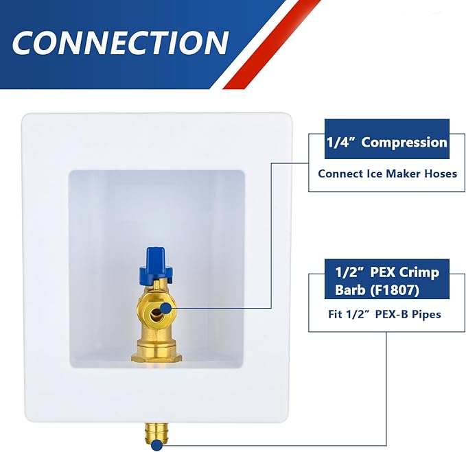 Ice Maker Outlet Box,1/2 Inch Crimp PEX F1807 Inlet and 1/4 Inch OD Compression Outlet Connection, Icemaker Box with Installed 1/4-Turn Ball Valve