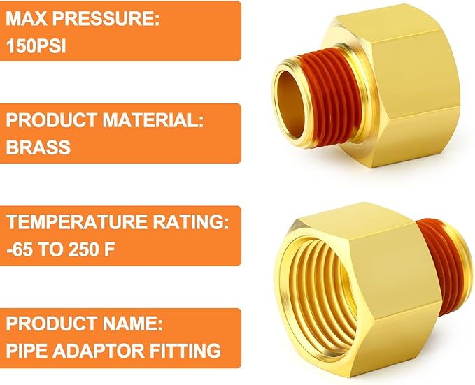 GASHER 5PCS Brass Pipe Fitting, Reducer Adapter, 3/8" Female x 1/8" Male Pipe With Sealant