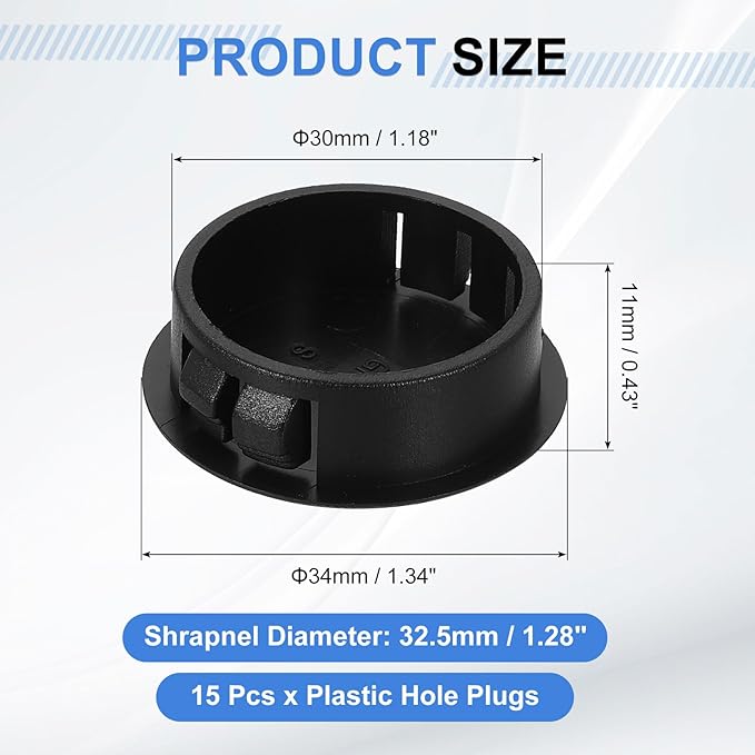 uxcell 15Pcs Plastic Hole Plugs, 30mm(1-3/16") Flush Type Panel Plugs, Round Snap Knockout Locking Plugs for Furniture Insert End Caps Panels, Black