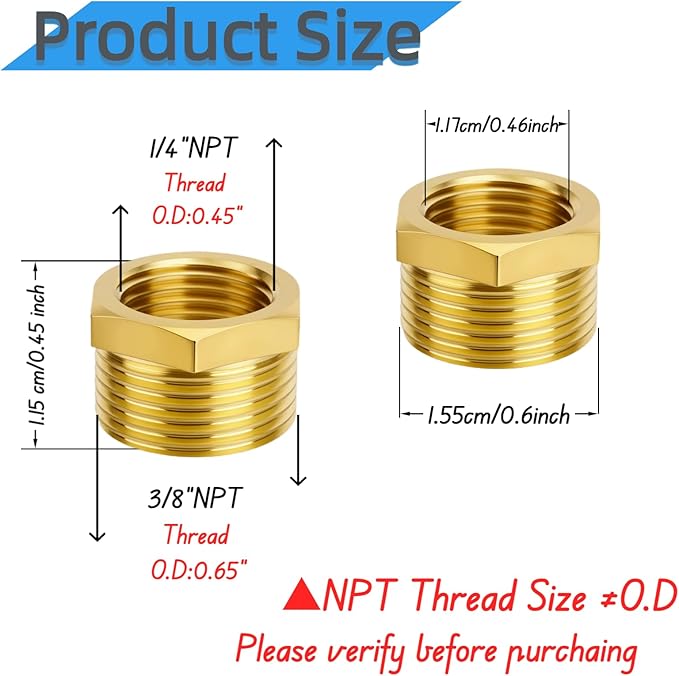 6pcs Brass Reducer Hex Bushing, 3/8" NPT Male to 1/4" NPT Female Heavy Duty Threaded Pipe Air Hose Fitting Reducer Adapter for gas,pipe,tube systems.
