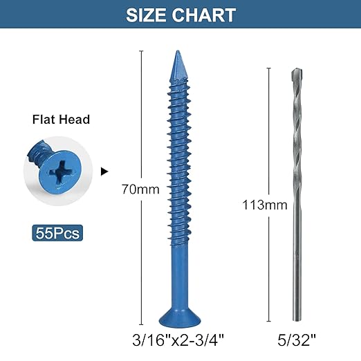 3/16x2-3/4 Inch 55PCS Flat Head Concrete Screws, Screws Anchor with Drill Bit,for Masonry, Block, Brick, Cement, Stucco, No Pre Drilling, Diamond Point