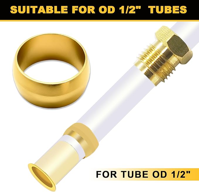 Siptenk 50PCS Brass Compression Sleeves Ferrules for Tube OD 1/2", Hose Compression Fitting Brass Ferrule for DOT Air Brake Lines, Water, Fuel, Oil