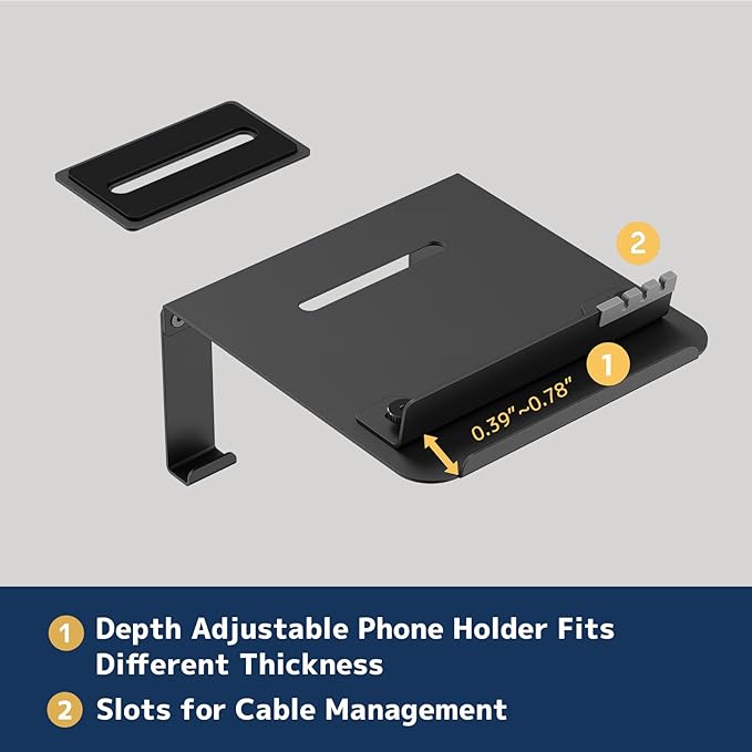 Monitor Arm Reinforcement Plate - with Phone Holder and Hook, for Thin, Glass and Other Fragile Tabletop, Compatible with Most Monitor Stand C-Clamp Installations, Anti-Slip, Black