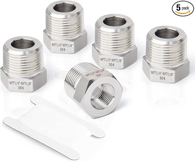 TAISHER 5PCS Forging of 304 Stainless Steel Reducer Hex Bushing, 1/4" Male NPT to 1/8" Female NPT, Reducing Forging Pipe Adapter Fitting