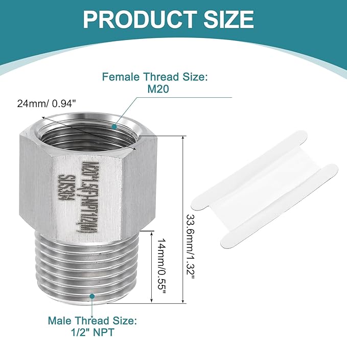uxcell Pipe Fitting Reducing Adapter, 1/2" NPT Male x M20 Female 304 Stainless Steel Reducer Connector for Water Oil Air Pressure Gauge, Silver