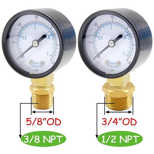 Pressure Gauge 0-30PSI 1/4" NPT Male Brass Bottom Mount 2" Dial Stainless Steel Case Include 1/2" NPT and 3/8" NPT Connector Universal Multifunctional