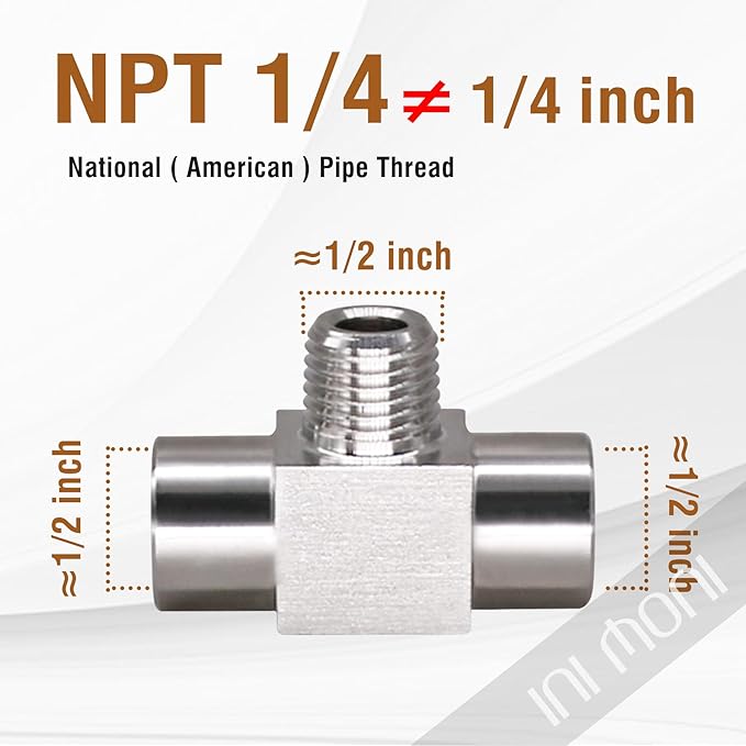 tee pipe fitting NPT 1/4 female x male x female thread 3 way t adapter stainless steel 304 pipe tee connectors for fuel system and air supply line, heavy duty 4350 psi