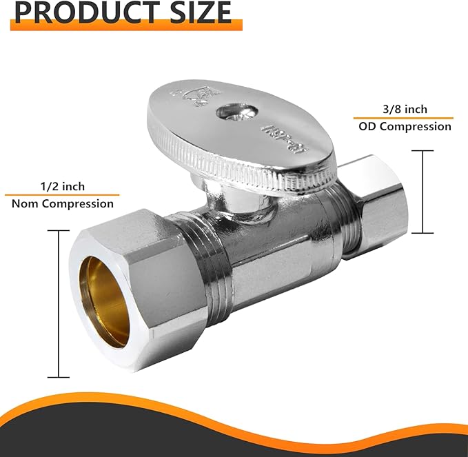 10-PCs HeSun Straight Stop Valve, 1/2" Nominal (5/8"OD) Compression x 3/8" OD Compression, 1/4 Turn Shut Off Valve for Bathroom, Chrome Plated Brass(VALVE122)