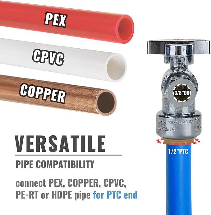 SUNGATOR 1-Pack Angle Stop Valve, Angle Water Shut Off Valve 1/2 x 3/8 Inch Compression, Toilet Water Shutoff, 1/4 Turn, No Lead Brass Push-to-Connect Plumbing Fittings for PEX Pipe, Copper, CPVC