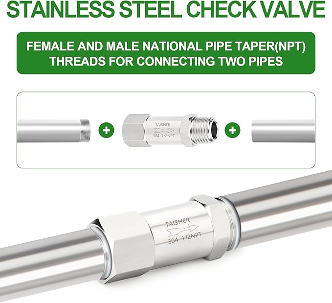 TAISHER 1PCS 304 Stainless Steel 1/2" NPT Male x 1/2" NPT Female Check Valve,Backflow Prevention,One Way Non-Return Check Valves