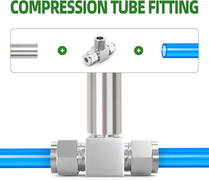 TAISHER 1PCS 304 Stainless Steel Compression Tube Pipe Fitting Connector, 1/4" Tube OD x 1/4" NPT Male x 1/4" Tube OD Tee Adapter