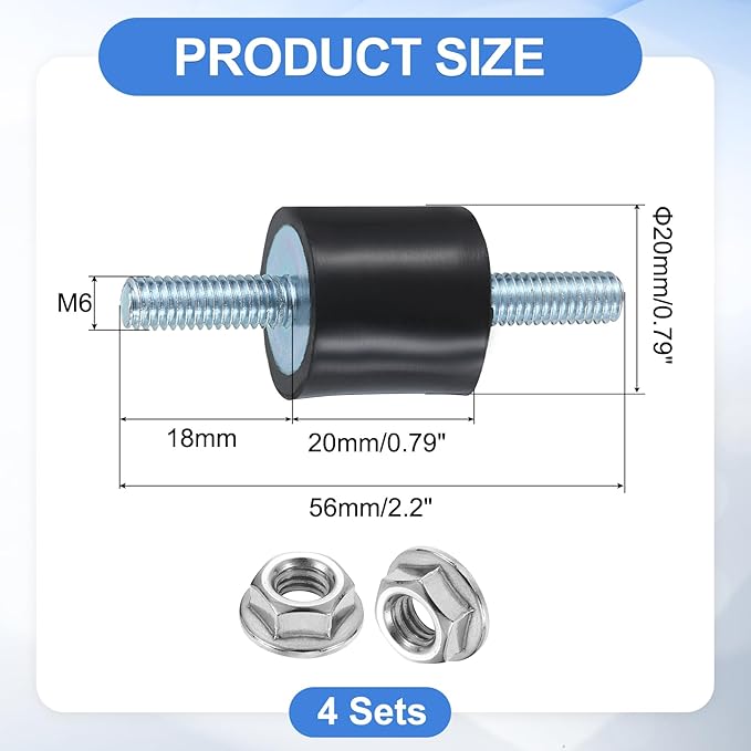 uxcell 4Pcs M6 x 18mm Rubber Mounts, 20 x 20mm Cylindrical Anti Vibration Isolator Studs Shock Absorber Double Studs with Nuts for Car Bobbin Generator Air Compressors