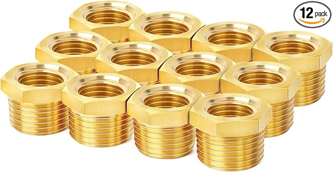ChillWaves Brass Pipe Fitting, Reducer Hex Bushing 1/2" NPT Male x 1/4" NPT Female Thread Adapter(12-PACK)
