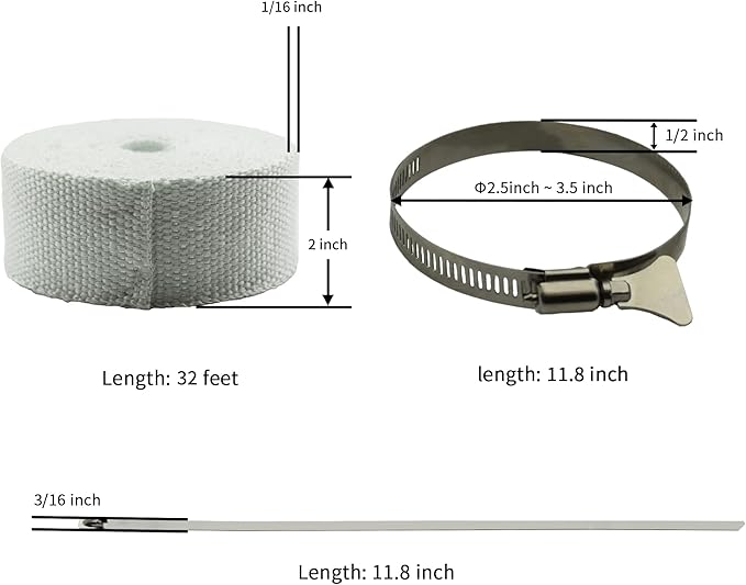 DOBTIM Fireproof Pipe Wrap Insulation 2" Wide X 32' Long, Fiberglass Heat Shield Tape Pipe Webbing for Stove Flue Protector with 2 Clamps, White