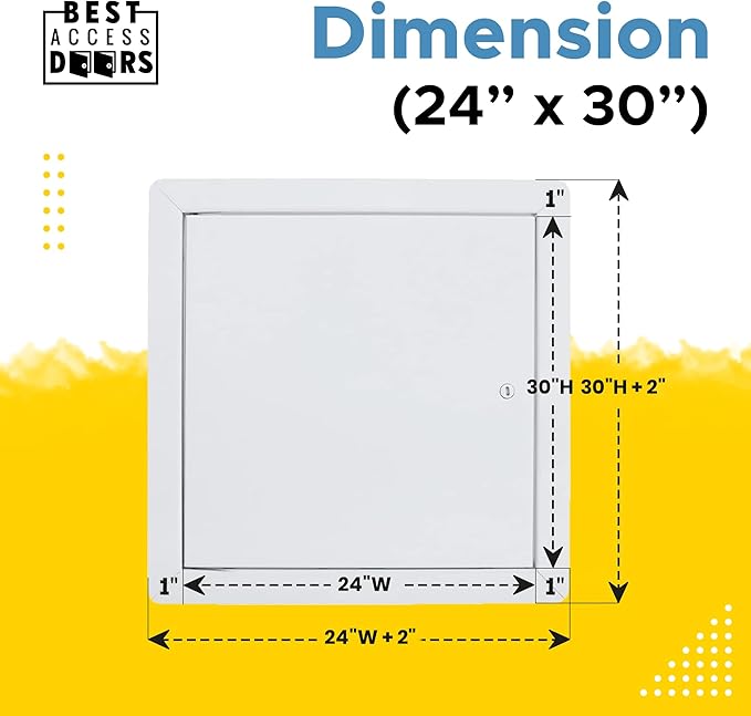 Best 24" x 30" Universal Access Panel – Flush Steel Door with Exposed Flange for Walls or Ceilings, 16-Gauge Cold Rolled Steel Frame, Screwdriver Cam Latch, White Powder-Coat Primer Finish, BA-UAP