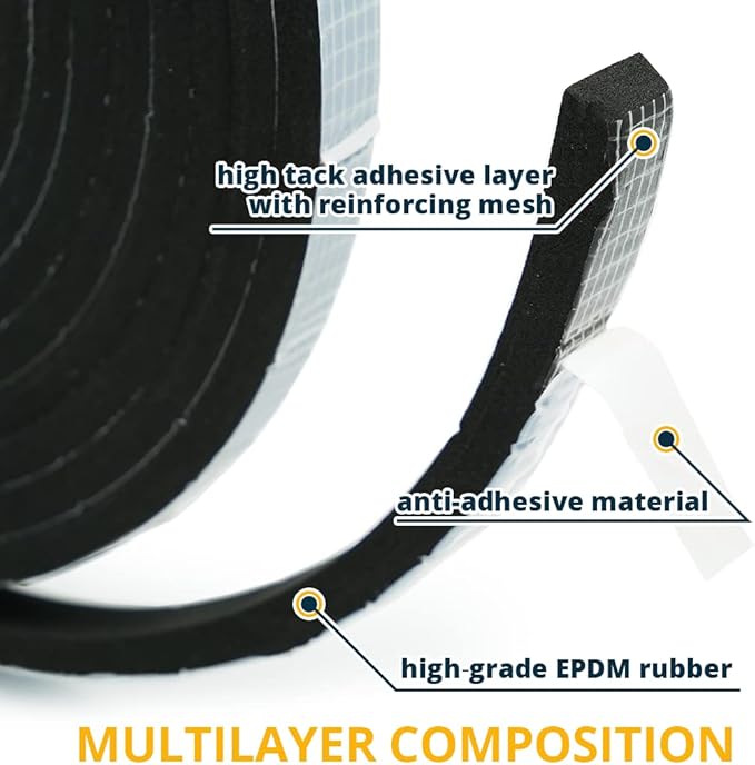 Alenor EPDM Black Foam Insulation Tape Self Adhesive 1/5"x 3/5" x 16' Ft –Pack of 1- Weather Stripping for Doors & Windows,Soundproofing,Door Seal,Weatherstrip,Pipe Cooling,Air Conditioning Seal Strip