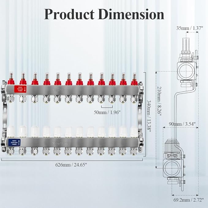 AB 12 Loop PEX/Radiant Manifold, 1/2 Inch Compatible Outlets, Up to 1.3 GPM Flow Valve for Hydronic Radiant Floor Heating (1/2" Connectors Included)
