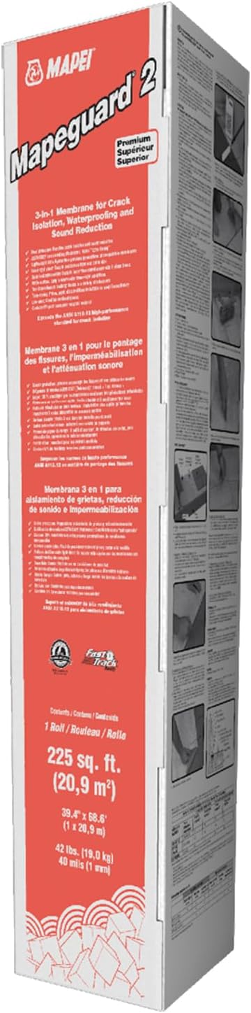 Mapei Mapeguard 2 Crack Isolation, Waterproofing, Sound Reduction, Lightweight, Peel and Stick Membrane, 225 Sq Ft Roll, Load-Bearing, 1 Mm Thick Underlayment for Ceramic Tile and Stone Tile