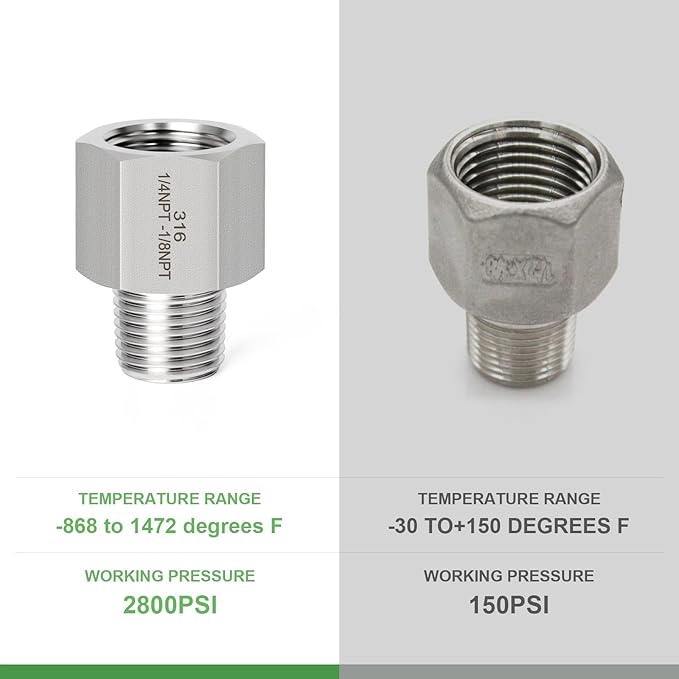 TAISHER 2PCS Forging of 316L Stainless Steel Pipe Fitting, Reducer Adapter, 1/8" NPT Male x 1/4" NPT Female, Reducing Pipe Adapter Fitting