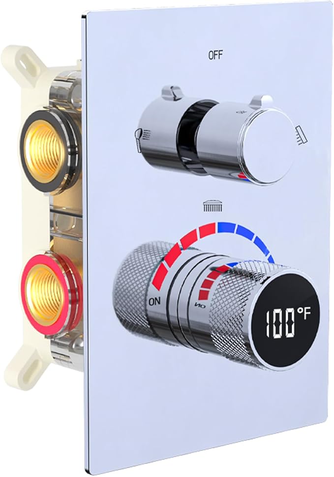 Shower Mixing Valve with Trim Kit, 3 Way Shower Diverter Digital Brass Valve Body Temperature Display Mixer for Shower Faucets, Chrome