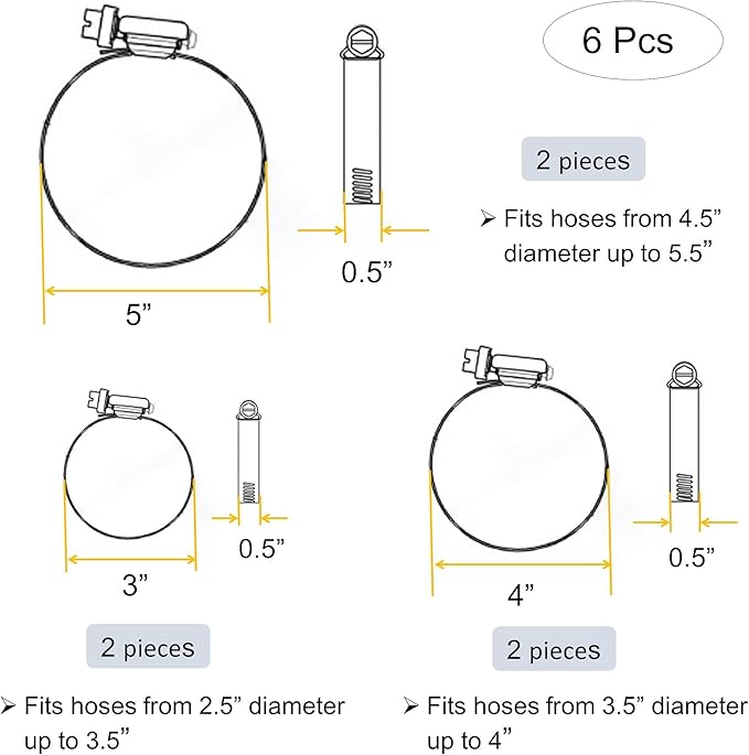 6 Pieces (3" 4” 5") Adjustable 304 Stainless Steel Worm Gear Hose Clamps Water Pipe Clamps Assortment Kit Duct Clamps Pipe Clamp worm drive hose clamps (3" 4” 5")