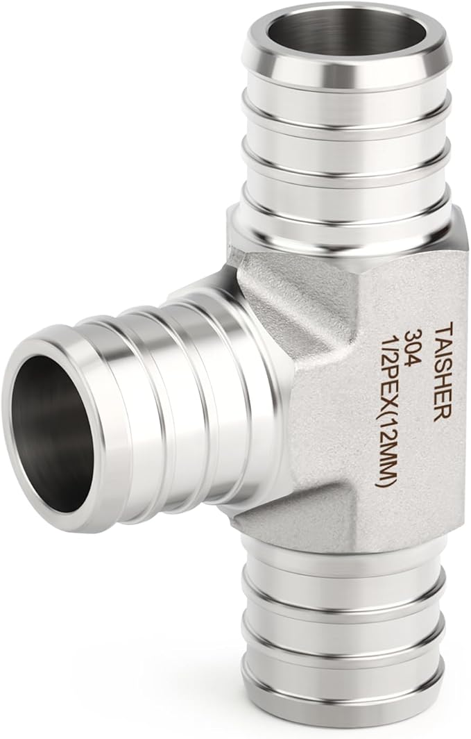 TAISHER 1PCS 304 Stainless Steel Tee Pex Fittings, 1/2" Pex Fitting With 3PCS Hose Clamp For Pex Tubing Pipe