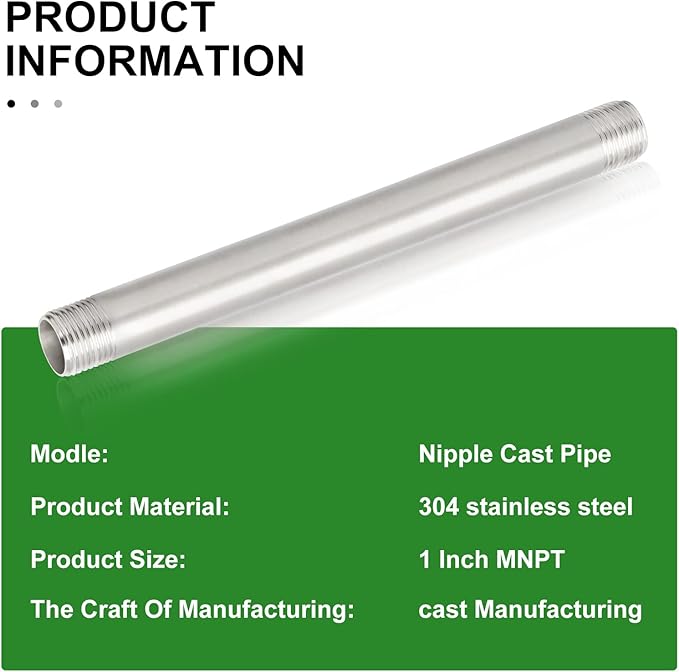 TAISHER 2Pcs Stainless Steel Pipe Fittings, 1" NPT x 1" NPT Male Threaded, 10" Length Nipple Cast Pipe