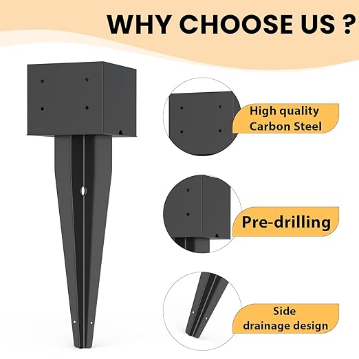 2 Pcs 6"x6" Fence Post Anchor,(Internal 5.6"x5.6"),Metal Fence Post Anchor Ground Spike 17" with Black Powder-Coated,Fence Stakes Post Base for Deck,Fence,Porch,Railing,Mailbox.