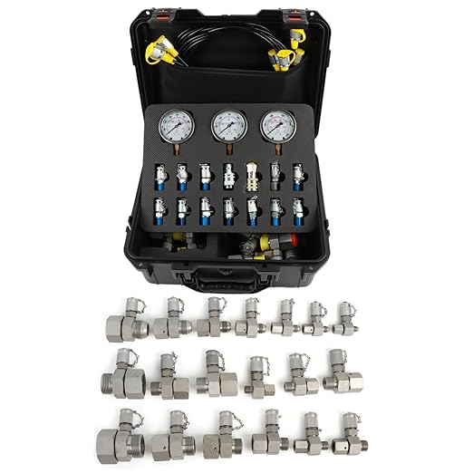 Hydraulic Pressure Test Coupling Kit, JIC BSPP ORFS Hydraulic Swivel Run Tees Set Repair Tools for Most Excavator Construction Machinery 3 Gauges 4 Test Hoses 14 Couplings 19 Tee Connectors