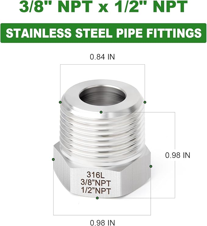 TAISHER 2PCS Forging of 316L Stainless Steel Reducer Hex Bushing, 1/2" Male NPT to 3/8" Female NPT, Reducing Forging Pipe Adapter Fitting