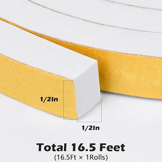 ToLanbbt White Door Window Weather Stripping Self Adhesive Foam Tape High Density Foam Sealing Strip Window Insulation Weatherproof Gasket Tape for Doors and Windows (1/2" W X 1/2" T X 16.5')