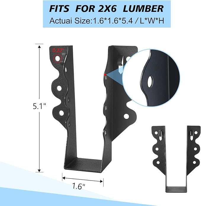 32 Pcs 2"x 6" Joist Hanger,Q235B Steel Face Mount Joist Hangers,Black Powder Coated Hurricane Ties for Rafter, Rafter Brackets for Floor, Deck and Ceiling Joists