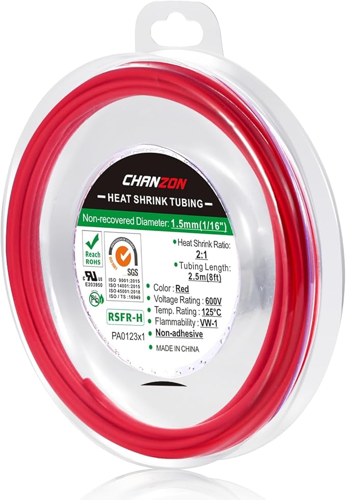 Chanzon 2:1 Ratio 1/16" (1.5mm) Heat Shrink Tubing 8Ft Roll (2.5M Total Length) Red Polyolefin Sleeving Wrap Shrinking 2 to 1 1pcs