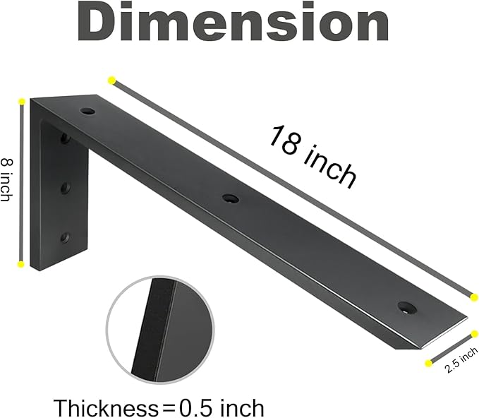 WINKER Countertop Support Bracket 3 Pack Heavy Duty 1/2" Thick Hidden L Shelf Bracket 18" x 8" x 2.5" Metal Corbels for Quartz/Granite/Wood/Concrete/Laminate Countertops, Black